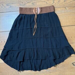 By & By Tiered Boho Festival Skirt SZ M Hi Low Mini Lace Renaissance Black Y2K